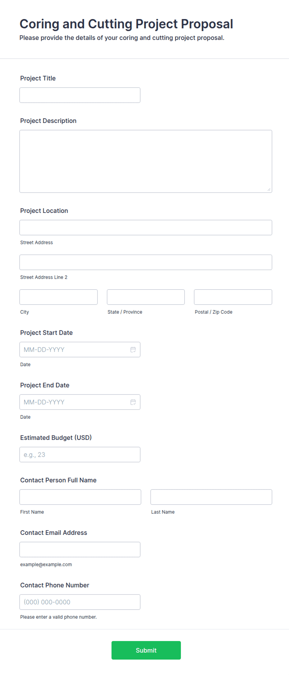 Coring and Cutting Project Proposal Form Template | Jotform