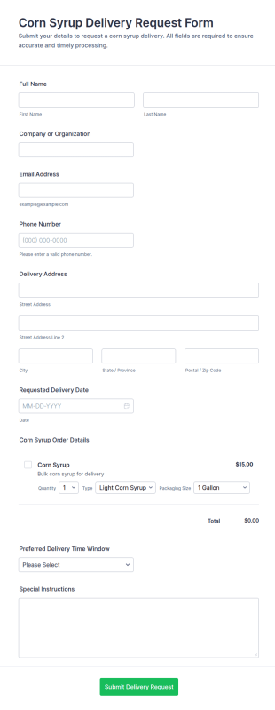 Corn Syrup Delivery Request Form Template