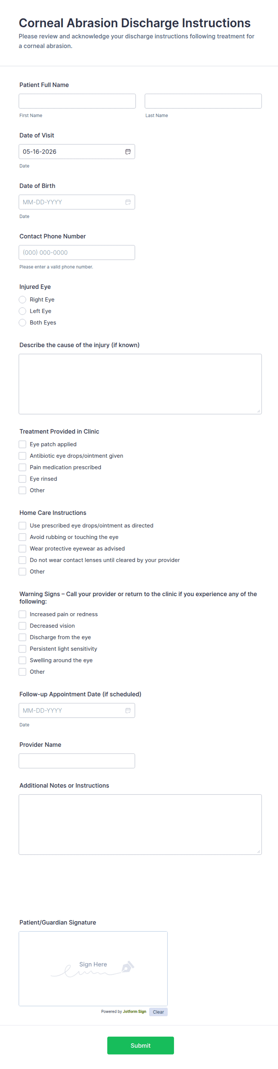 Corneal Abrasion Discharge Instructions Form Template | Jotform