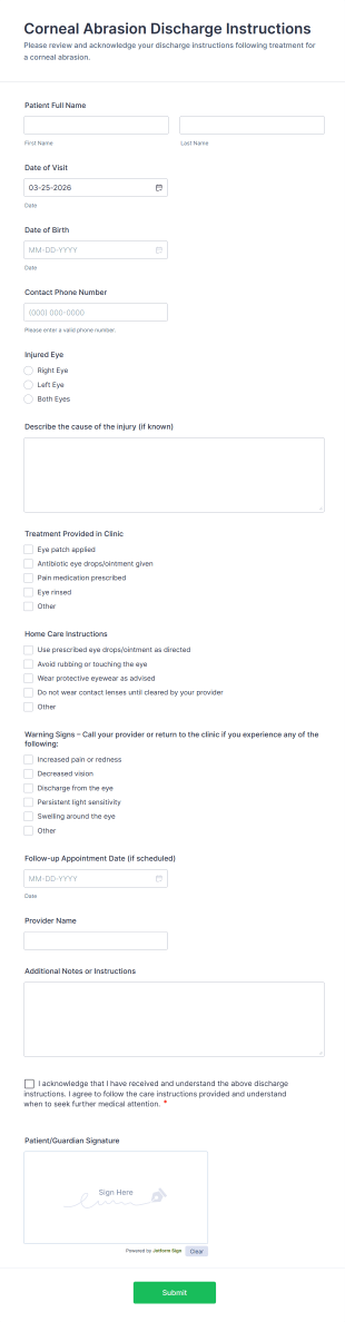Corneal Abrasion Discharge Instructions Form Template