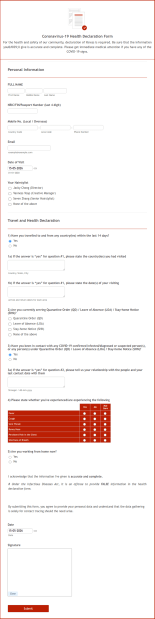 Coronavirus 19 Health Declaration Form Template