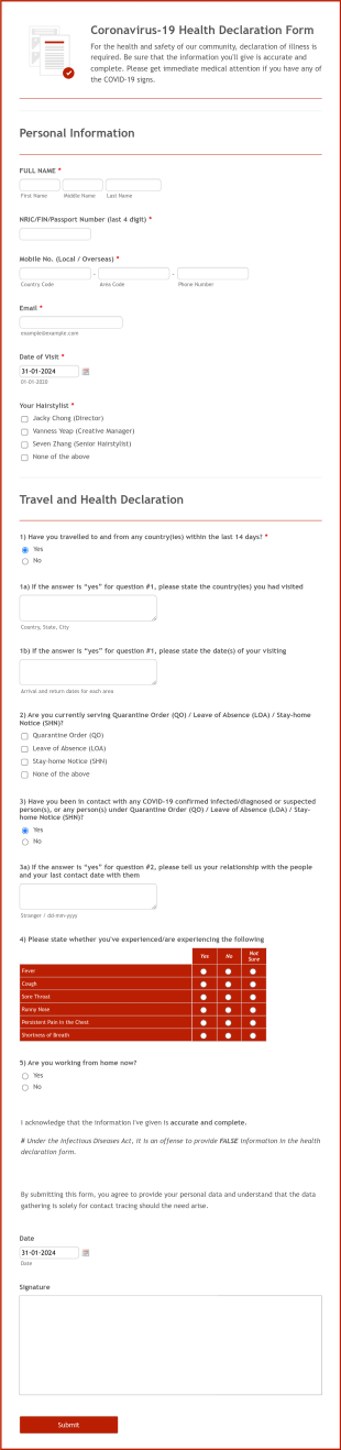 Coronavirus 19 Health Declaration Form Template
