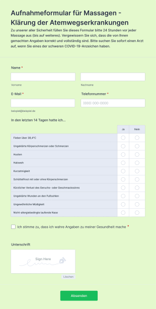 Coronavirus Aufnahmeformular Für Massage Therapie Form Template