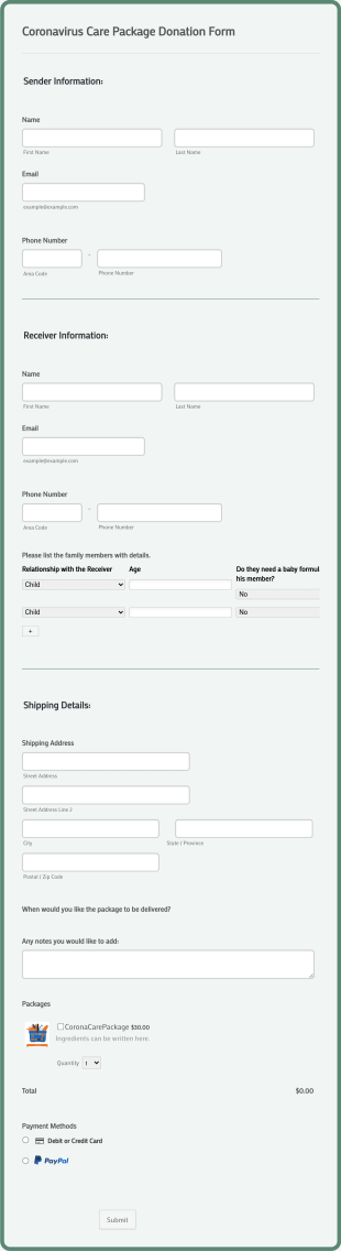 Coronavirus Care Package Donation Form Template