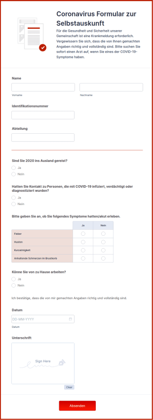 Coronavirus Formular Zur Selbstauskunft