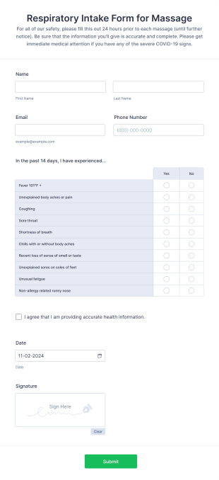 Coronavirus Intake Form For Massage Therapy Form Template