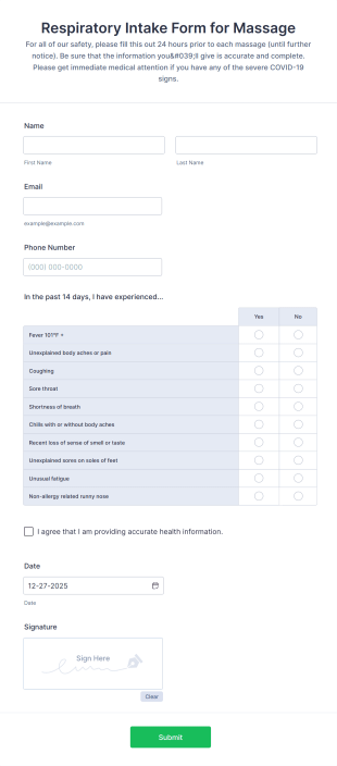 Coronavirus Intake Form For Massage Therapy Form Template