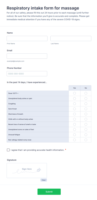 Massage Salons Coronavirus Intake Form Template