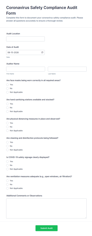 Coronavirus Safety Compliance Audit Form Template