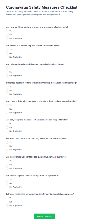 Coronavirus Safety Measures Checklist Form Template
