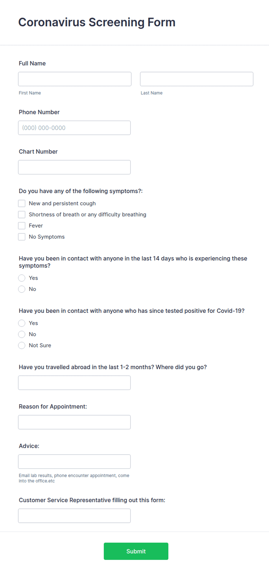 Covid Test Control Form.pdf Coronavirus Screening Form Template | Jotform