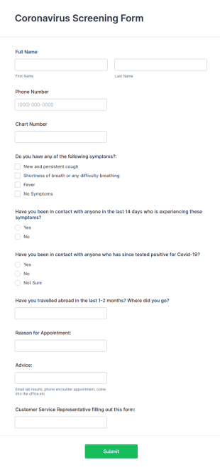 Coronavirus Screening Form Template