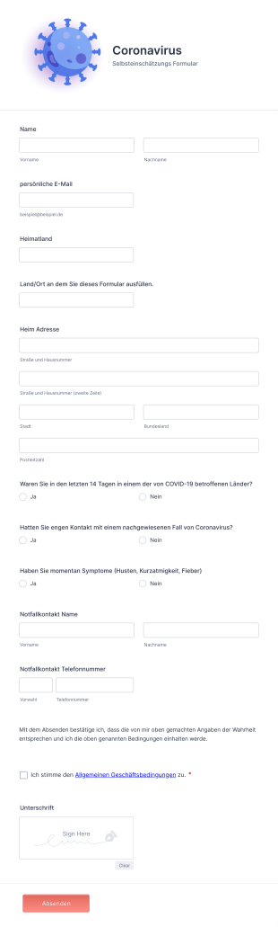 Coronavirus Selbsteinschätzung Formular Form Template