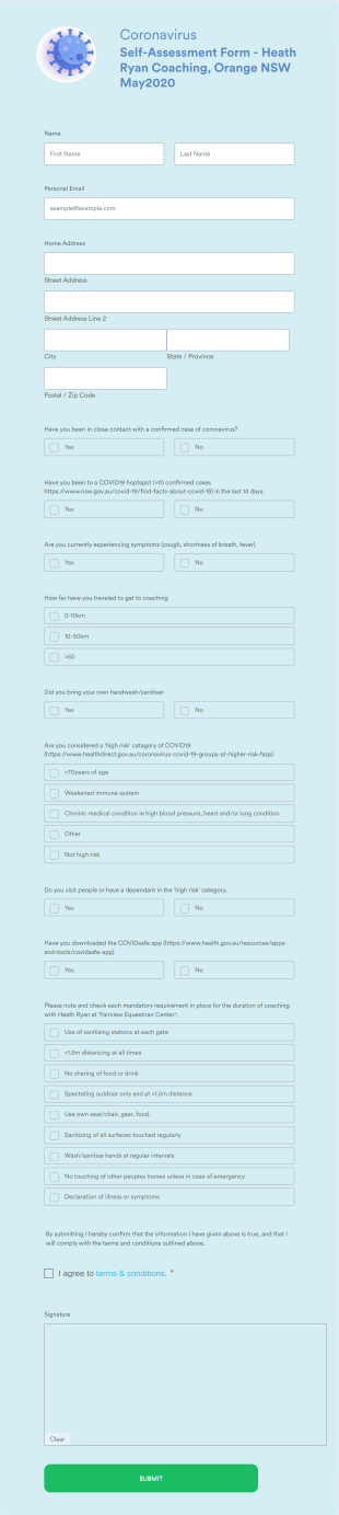 Coronavirus Self Assessment Form Heath Ryan Coaching, Orange