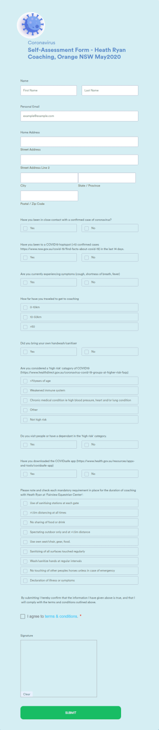 Coronavirus Self Assessment Form Heath Ryan Coaching, Orange