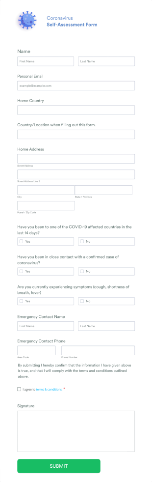 Coronavirus Self Assessment Form Template
