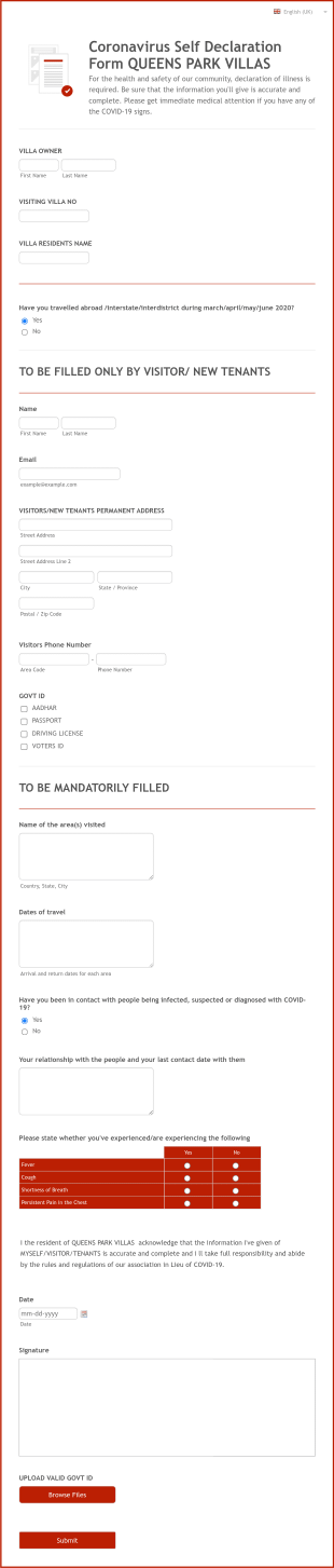 Coronavirus Self Declaration Form QUEENS PARK VILLAS Form Template
