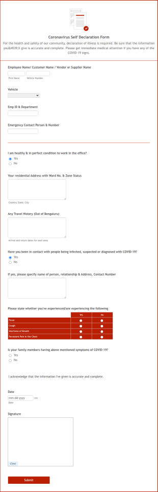 Coronavirus Self Declaration Form VIVA TOYOTA