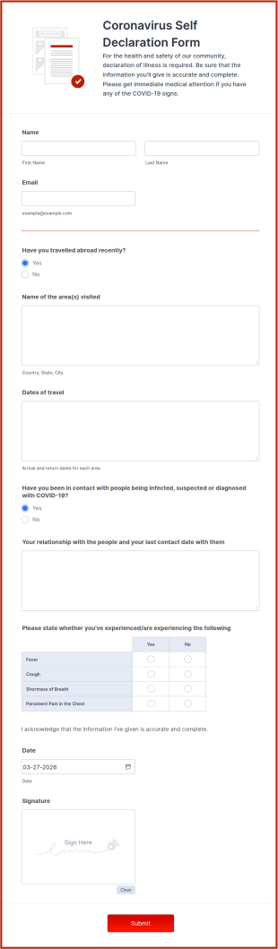 Coronavirus Self Declaration Form Template