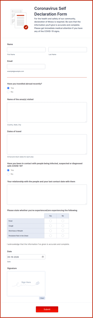 Coronavirus Self Declaration Form Template