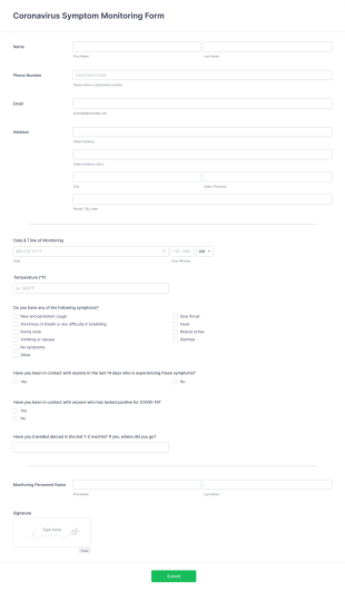Coronavirus Symptom Monitoring Form Template