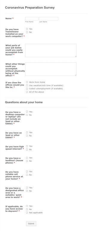 Coronavirus Work From Home Preparation Survey Form Template