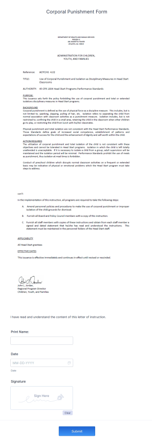 Corporal Punishment Form Template