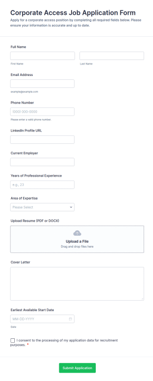 Corporate Access Job Application Form Template