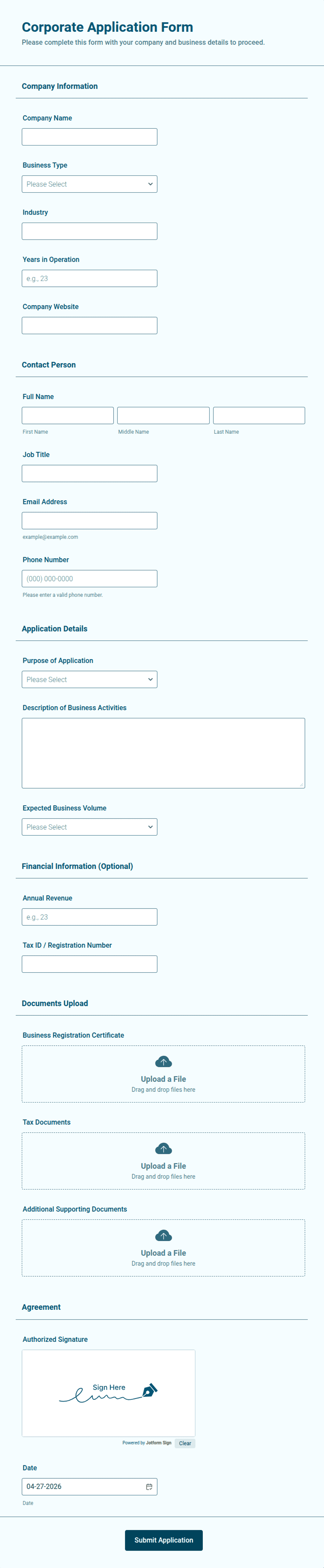 Corporate Application Form Template | Jotform
