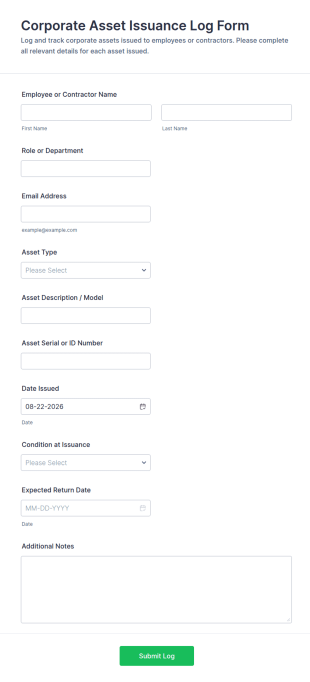 Corporate Asset Issuance Log Form Template