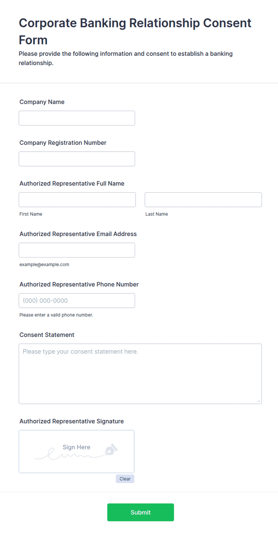 Banking Control Form Corporate Banking Relationship Consent Form Template | Jotform