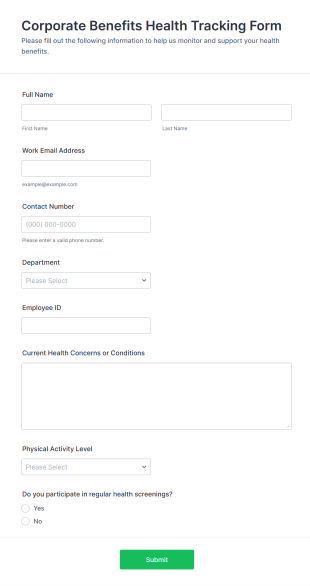 Corporate Benefits Health Tracking Form Template