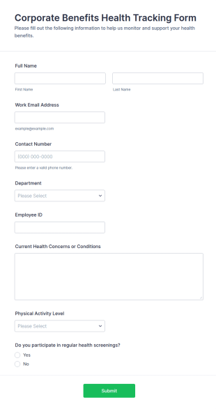 Corporate Benefits Health Tracking Form Template