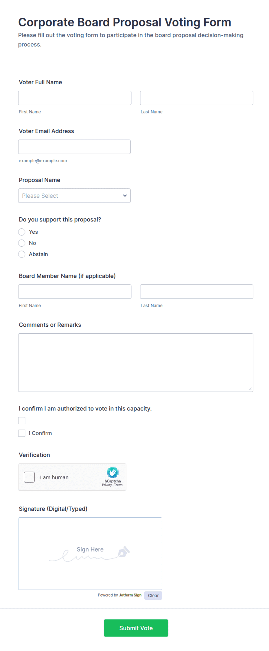 Corporate Board Proposal Voting Form Template | Jotform