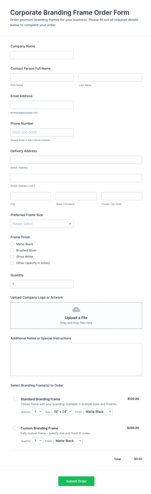 Corporate Branding Frame Order Form Template