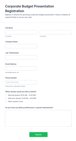 Corporate Budget Presentation Registration Form Template