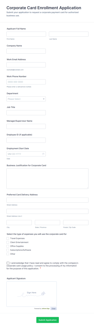 Corporate Card Enrollment Application Form Template