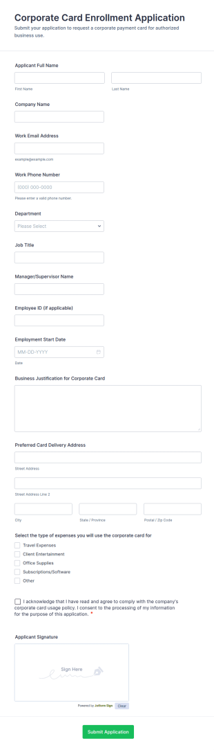Corporate Card Enrollment Application Form Template