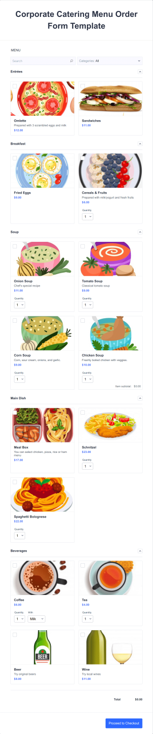 Corporate Catering Menu Order Form Template