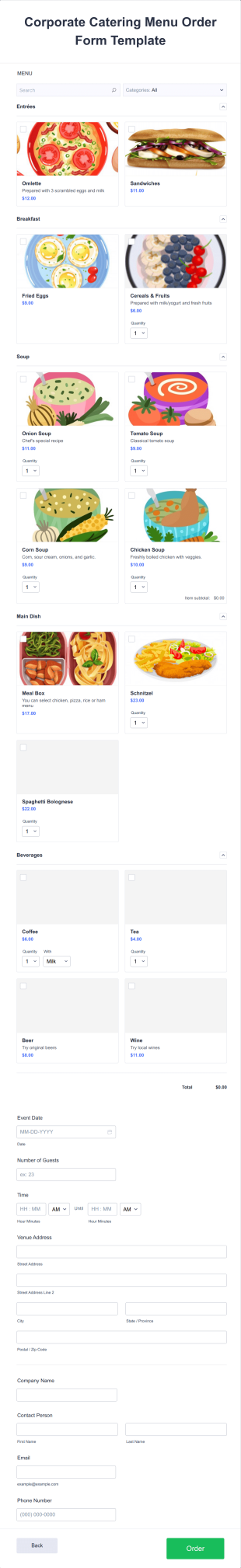 Corporate Catering Menu Order Form Template
