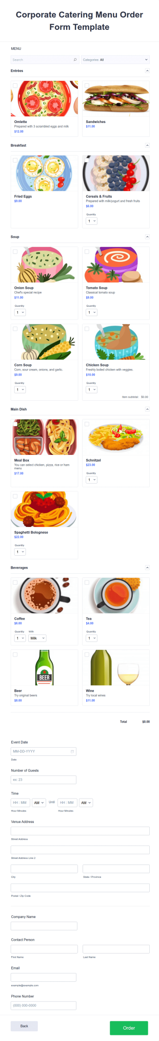 Corporate Catering Menu Order Form Template