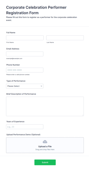 Corporate Celebration Performer Registration Form Template