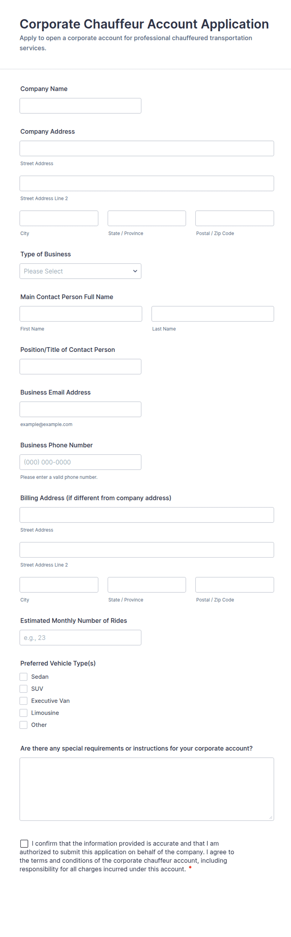 Corporate Chauffeur Account Application Form Template | Jotform