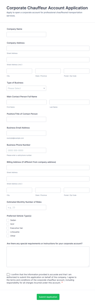 Corporate Chauffeur Account Application Form Template