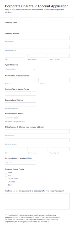Corporate Chauffeur Account Application Form Template