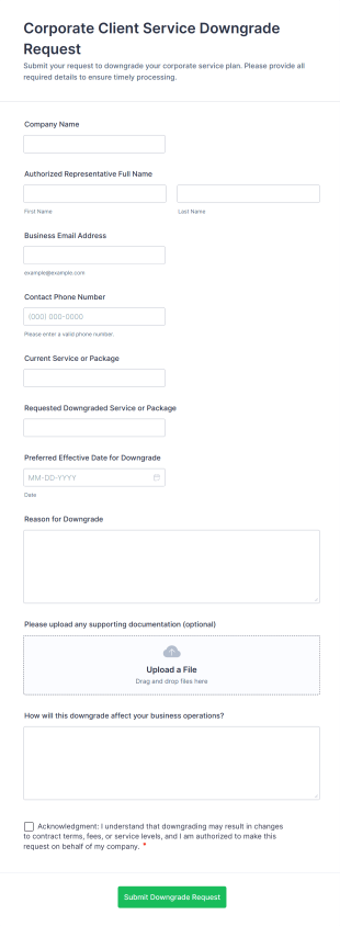 Corporate Client Service Downgrade Request Form Template