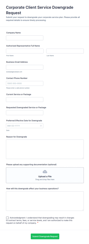Corporate Client Service Downgrade Request Form Template