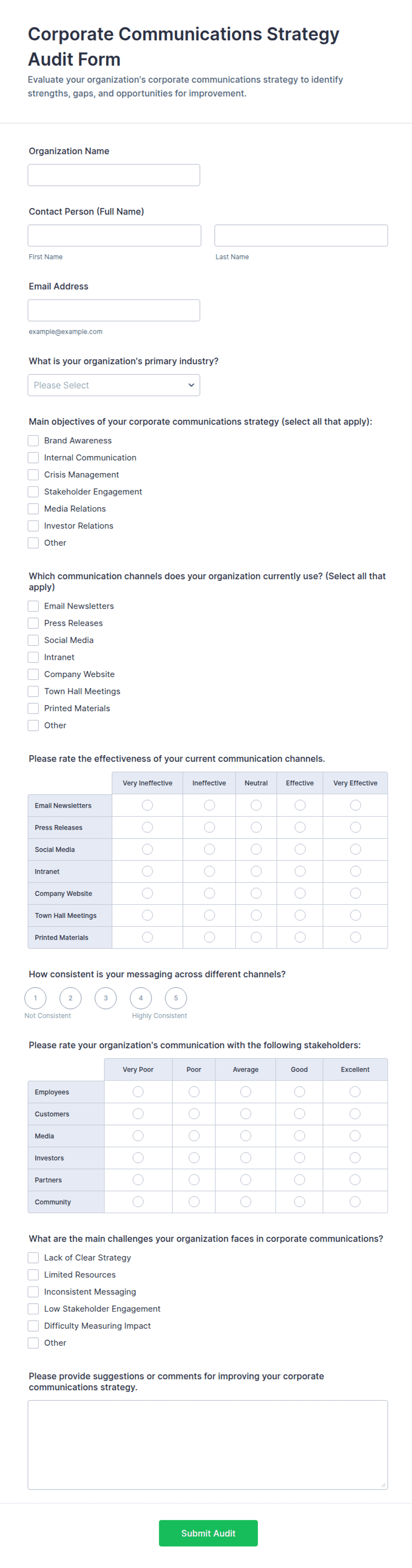 Corporate Communications Strategy Audit Form Template | Jotform