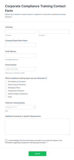 Corporate Compliance Training Contact Form Template