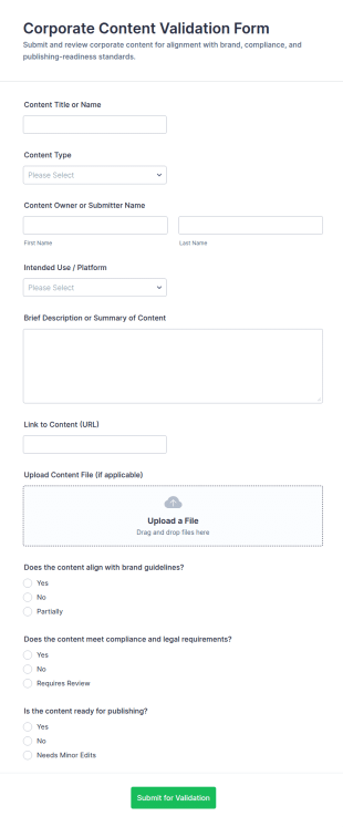 Corporate Content Validation Form Template